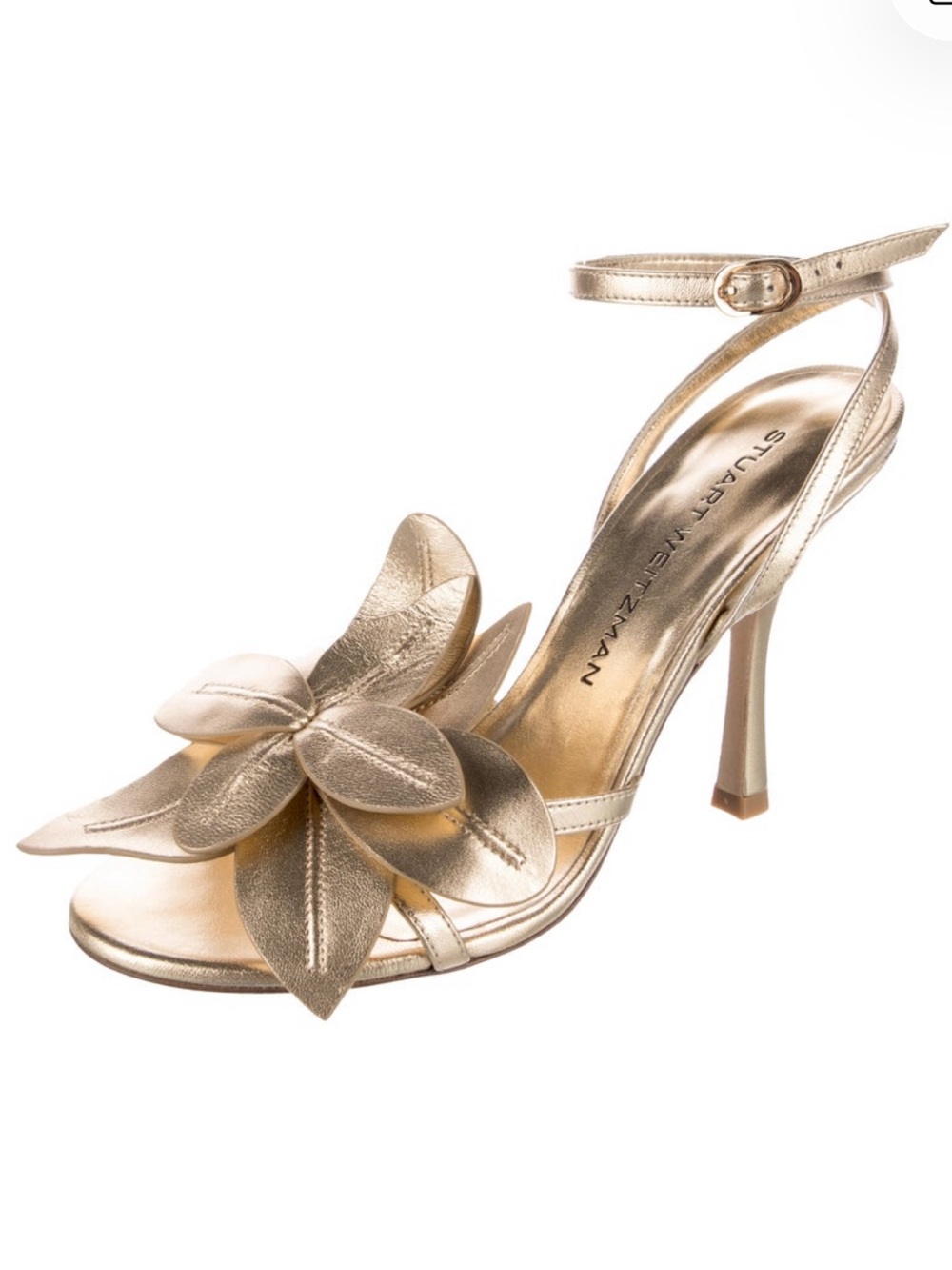 Stuart Weitzman Metallic Gold Floral Ankle-Strap Heels